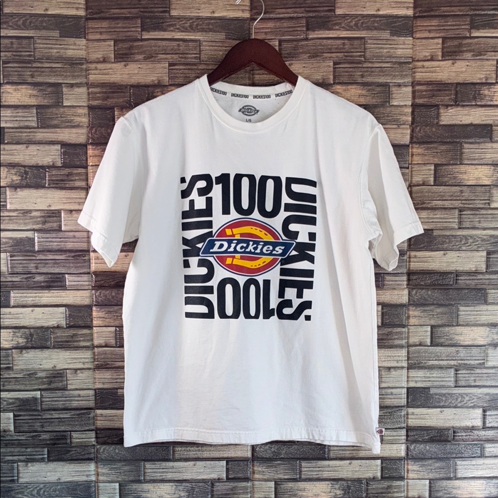 EUC Juniors Large Cropped Dickies White and Black Logo Tee